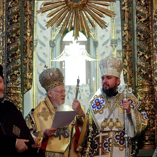 Ecumenical Patriarch Bartholomew of Constantinople and Metropolitan Epiphanius, head of the Orthodox Church of Ukraine, attend the Divine Liturgy at the Cathedral of St. George in Istanbul Jan. 6, 2019. Patriarch Bartholomew's signing of a decree marking the new Ukrainian Orthodox Church's independence drew strong criticism from the Russian Orthodox Church, which sees Ukraine as part of its church territory. (CNS photo/Murad Sezer, Reuters) See ECUMENICAL-DIALOGUE-UKRAINE May 13, 2019.