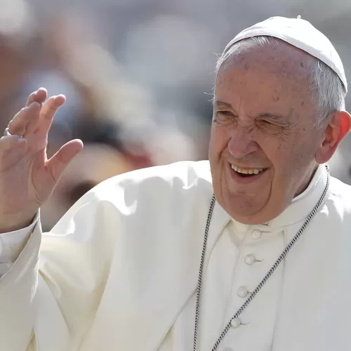 Pope Francis greets the crowd during his general audience in St. Peter's Square at the Vatican June 26, 2019.(CNS photo/Paul Haring) See POPE-AUDIENCE-COMMUNITY June 26, 2019.